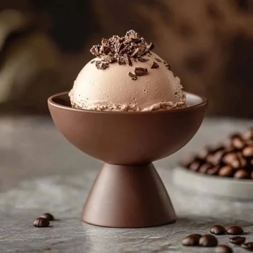Photographie culinaire d'une glace Gelato au café dans un élégant bol de crème glacée