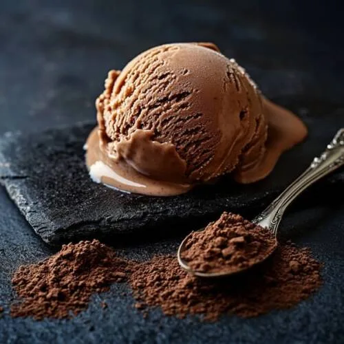gros plan d'une glace au chocolat avec de la poudre de chocolat sur une pierre noire