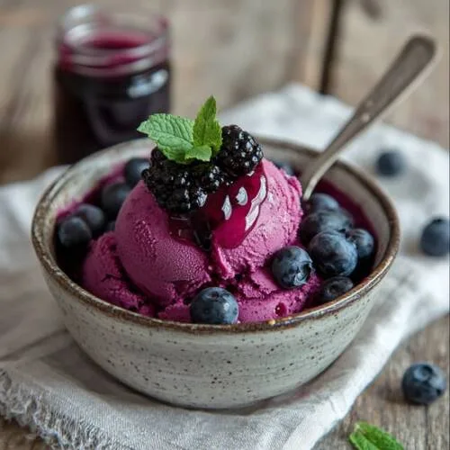 sorbet rafraîchissant au cassis d'une riche couleur violet foncé et d'une texture crémeuse servi dans un bol rustique en céramique