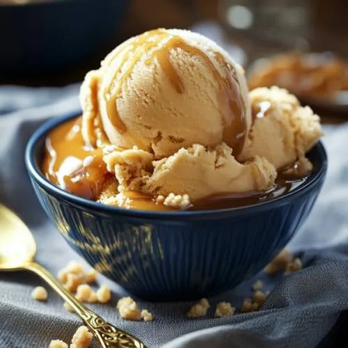Photo d'un bol de céramique avec trois boules de crème glacée au caramel