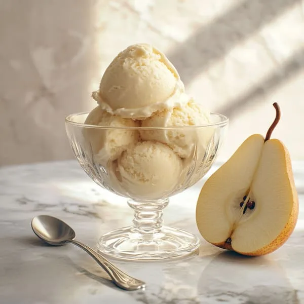 gros plan d'une glace à la poire dans une coupe en verre, avec une poire coupée en deux sur une table en marbre