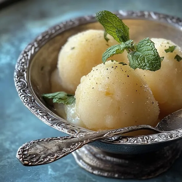 Gros plan sur trois boules de sorbet à la pomme dans un élégant bol en argent