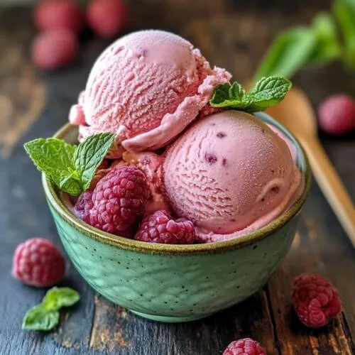 Sorbet plein fruit à la framboise dans un élégant bol vert